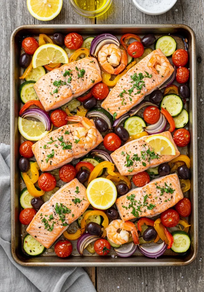 5 Easy Salmon and Shrimp Recipes You'll Love 2 Mediterranean Sheet Pan Salmon and Shrimp