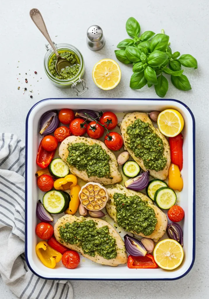 5 Easy High Protein Chicken Recipes for Every Day 4 One-Pan Pesto Chicken with Roasted Vegetables